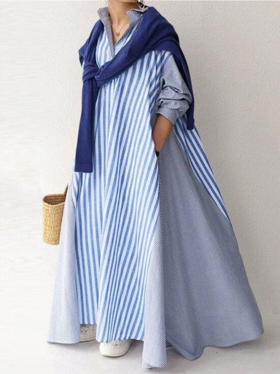 Dresses & Skirts - Blue Modest Women's Plus Size Lapel Striped Long Sleeve Casual Shirt Dress